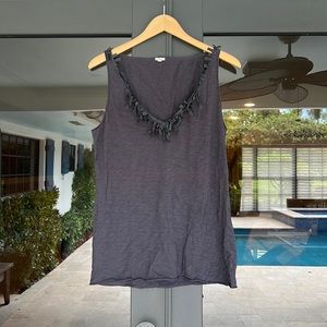 J. Crew V Neck Tank Top With Silk Applique Accent Black Size Large